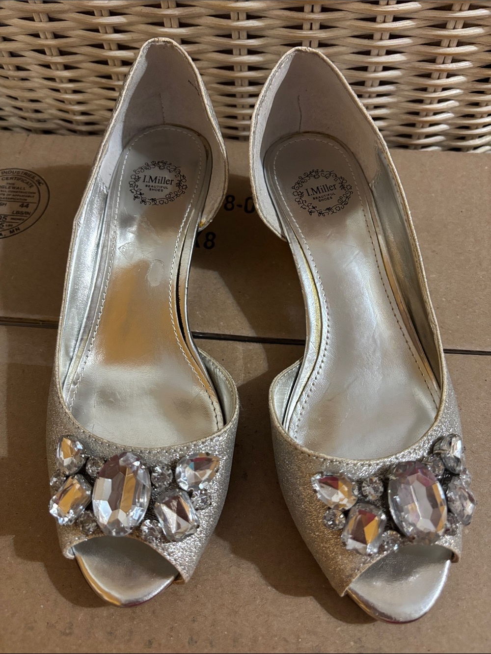 Silver Jeweled Peep-Toe Heels